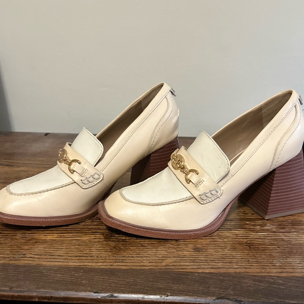 Sam Edelman Cream Block Heel Loafer Pumps with Gold Hardware